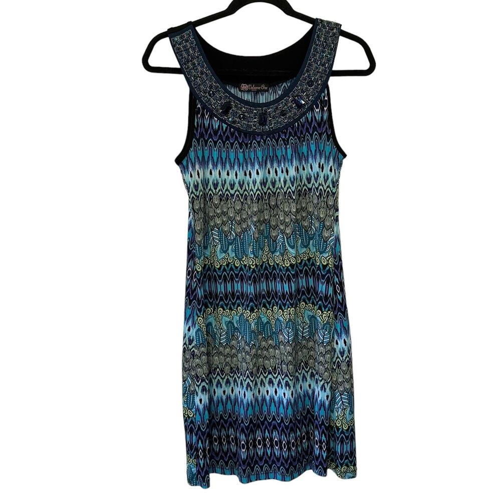 Volume One Beaded Neck Dress Blue Boho Sleeveless Shift Dress Med Tribal Print
